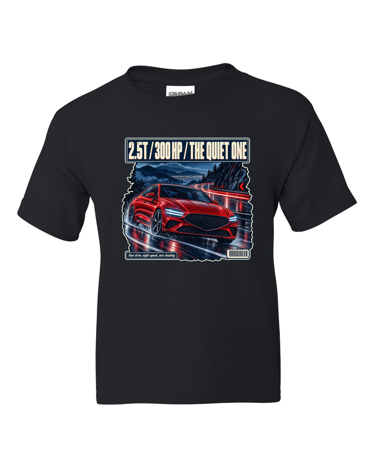 Night touge print of the Genesis G70 with 2.5T 300 HP lettering black kids tee front view with the design