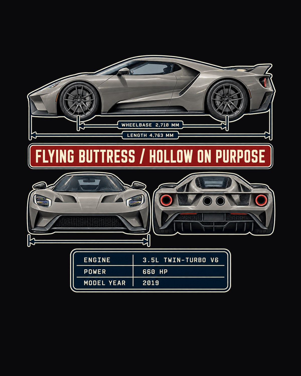 Ford GT 2019 Three-View Spec Table Tee, Flying Buttress Shirt design only