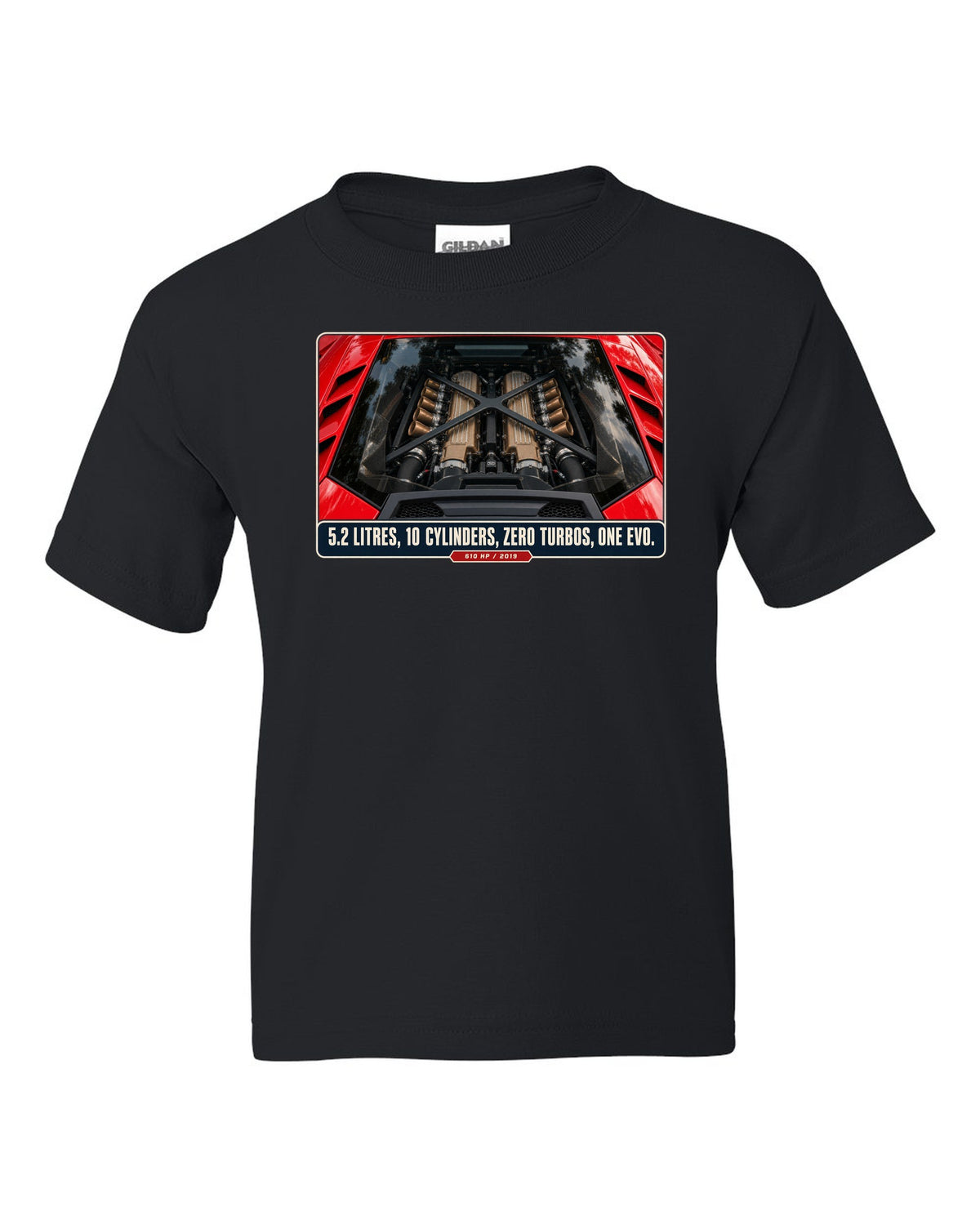 Engine hero print of the Lamborghini Huracan EVO V10 black kids tee front view with the design