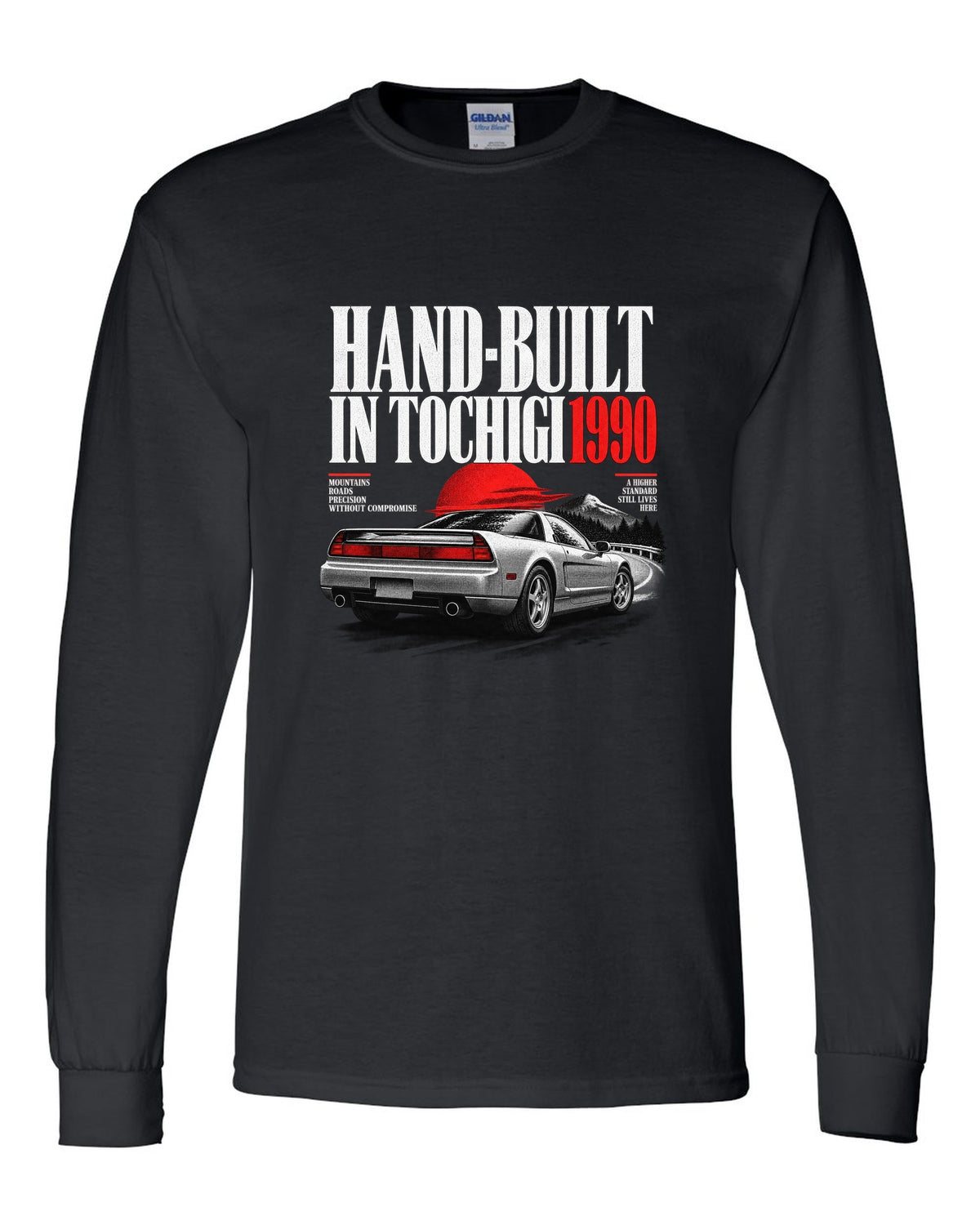 Honda NSX NA1 editorial headline design with hand-built in Tochigi 1990 text black long sleeve front view with the design