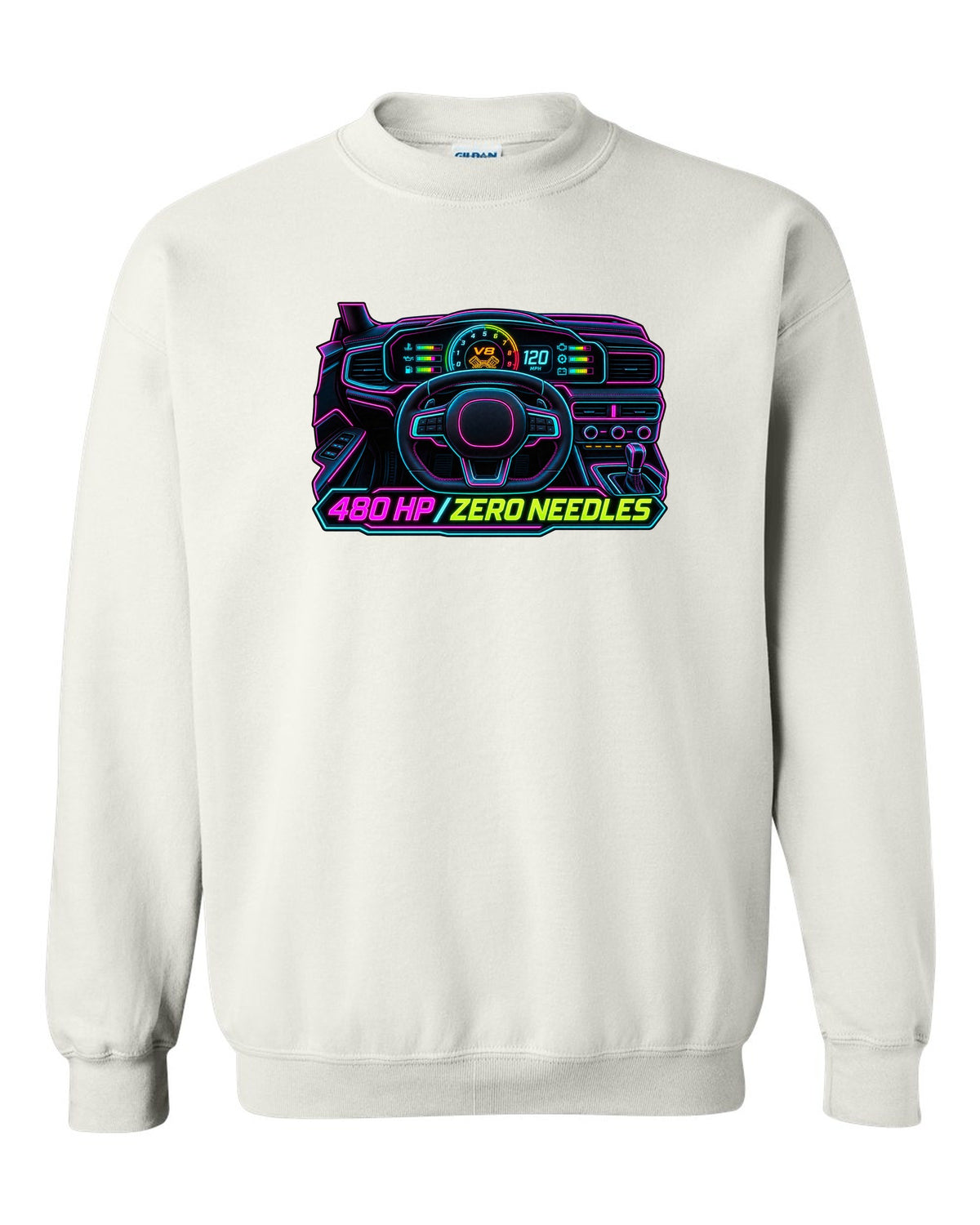 Neon gauge-cluster HUD print of a Ford Mustang S650 GT 2024 with 480 HP text white crewneck front view with the design