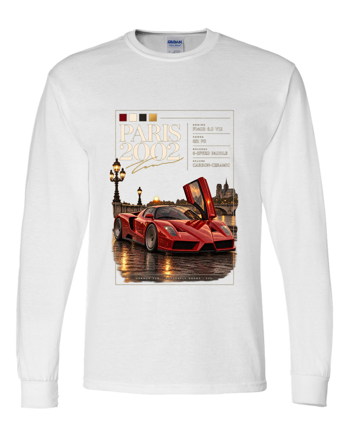 Ferrari Enzo 2002 front three-quarter archive panel print, Paris 2002, F140B V12, 651 PS white long sleeve front view with the design