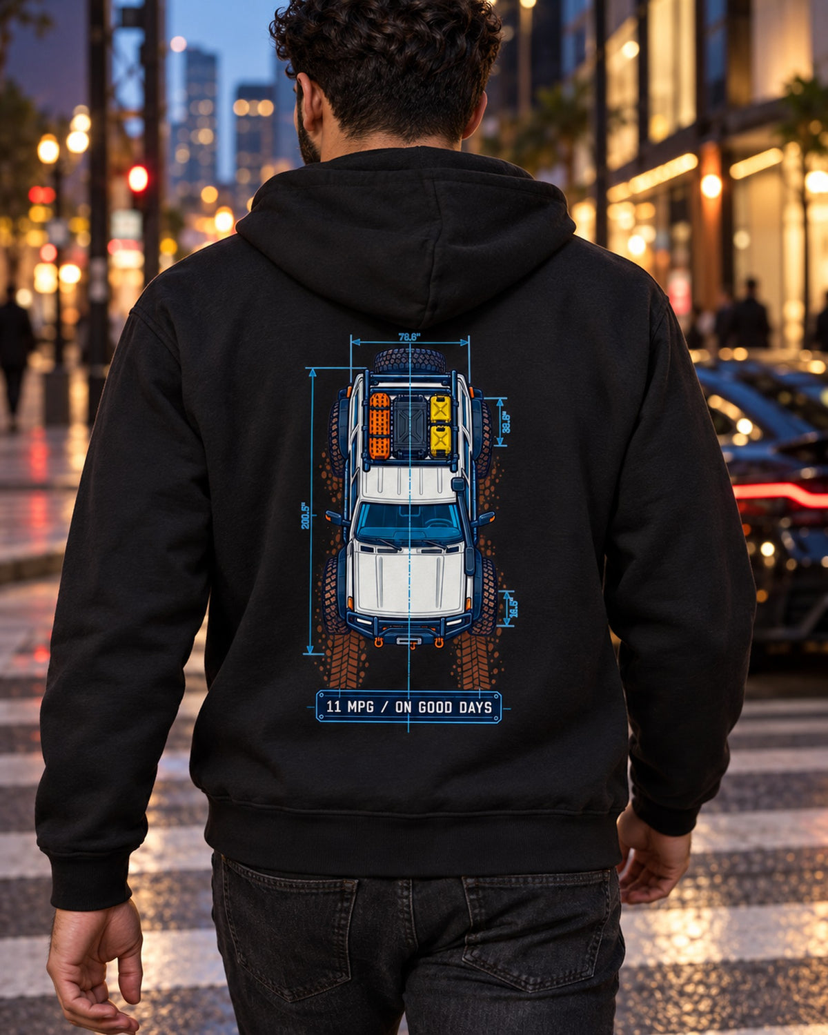Land Cruiser FJ80 Top-Down Blueprint Tee: 11 MPG on Good Days Zip Hoodie Black worn hero