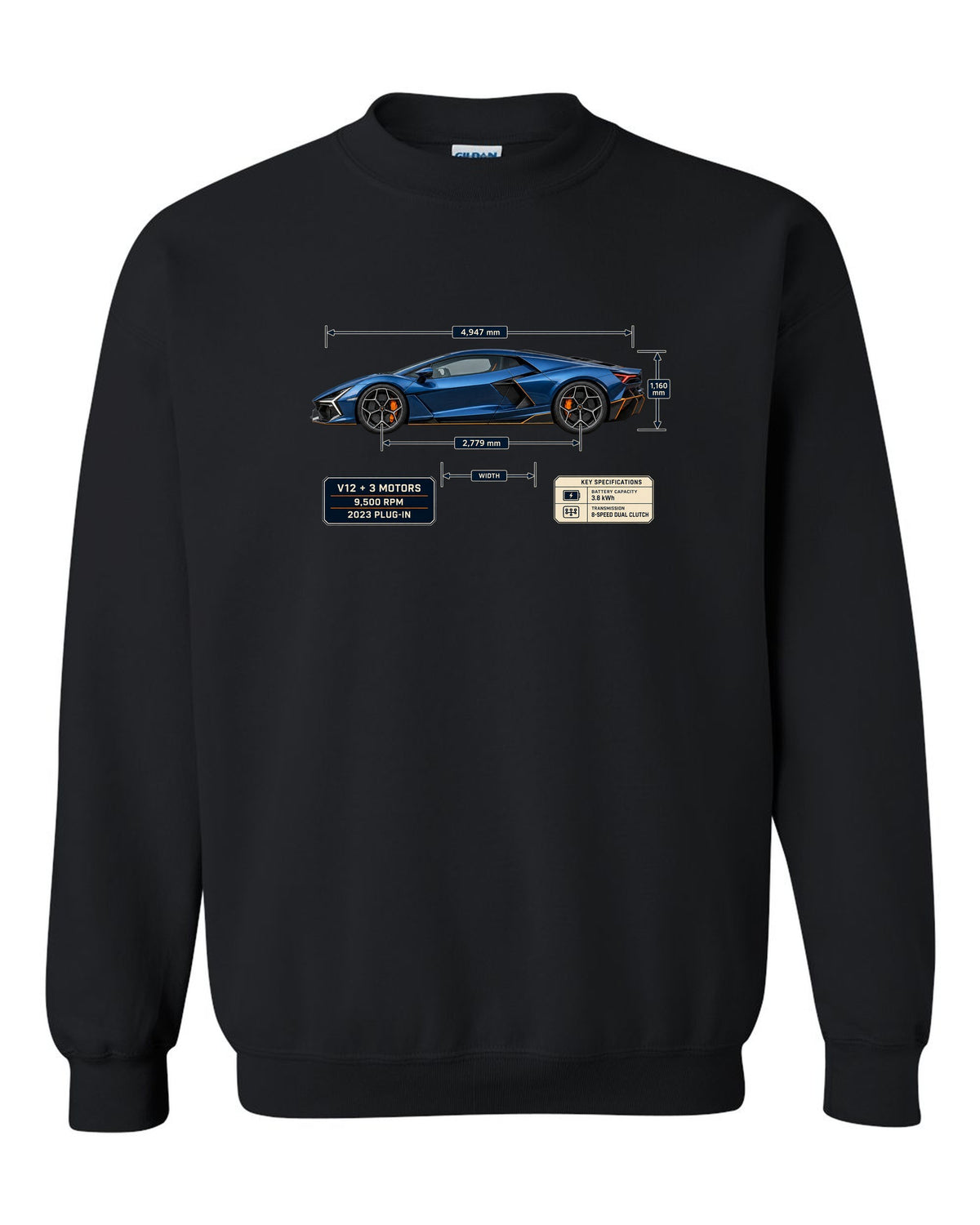 Dimension blueprint print of the Lamborghini Revuelto black crewneck front view with the design