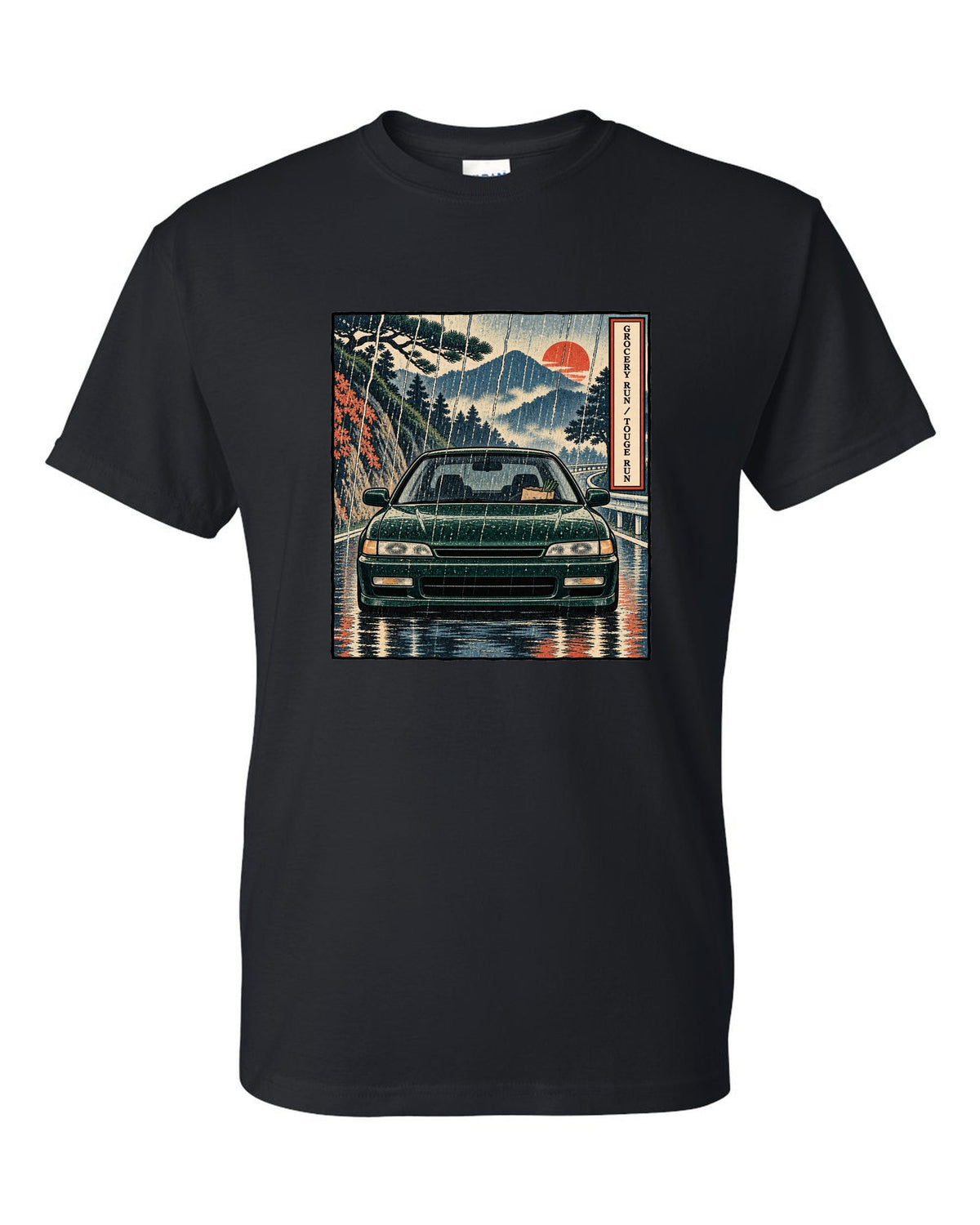 Ukiyo-e woodblock style print of a Honda Accord CD6 SiR with grocery run touge run text black t-shirt front view with the design