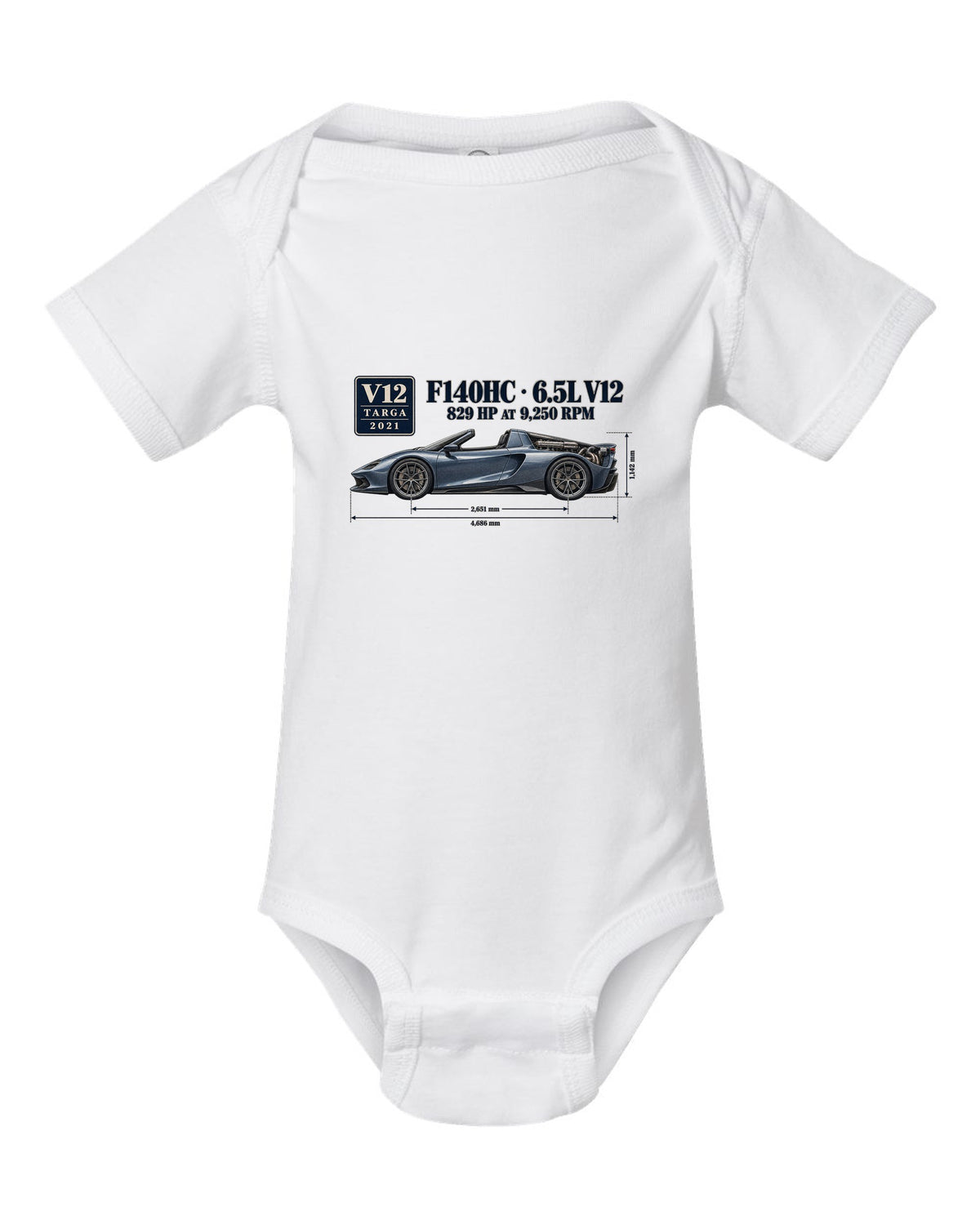 Ferrari Daytona SP3 dimension blueprint print with F140HC 6.5L V12 white baby onesie front view with the design