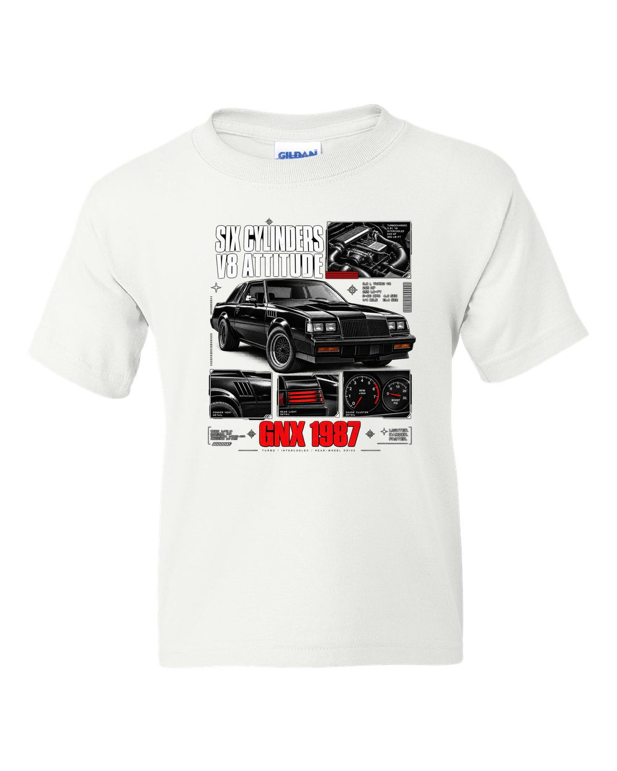 print dossier panels of a 1987 Buick GNX with six cylinders V8 attitude lettering white kids tee front view with the design