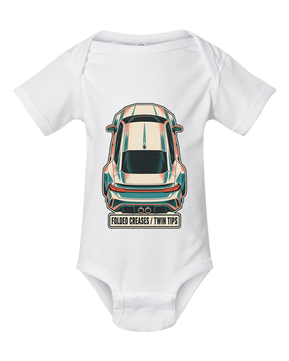 Risograph duotone top-down print of a Hyundai Elantra N CN7 with folded creases and twin tips text white baby onesie front view with the design