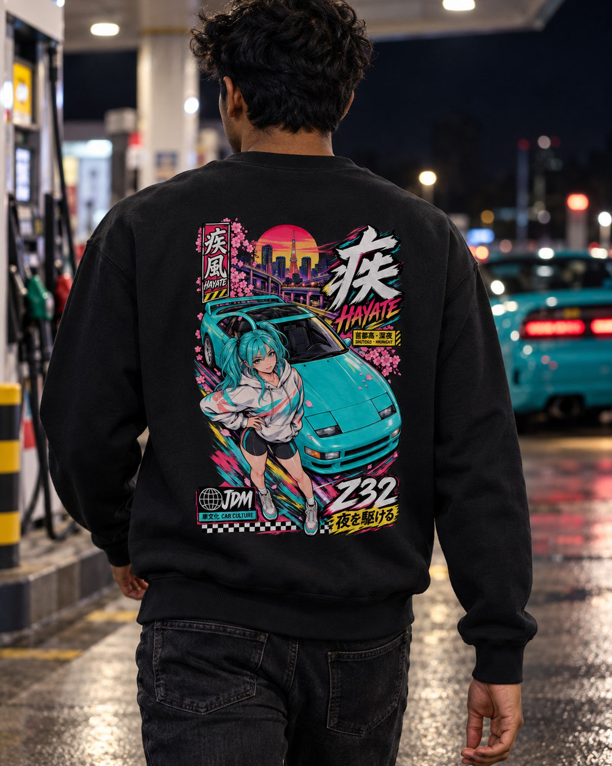 HAYATE Z32 Anime Girl Full-Back Graphic Tee Crewneck Black worn hero