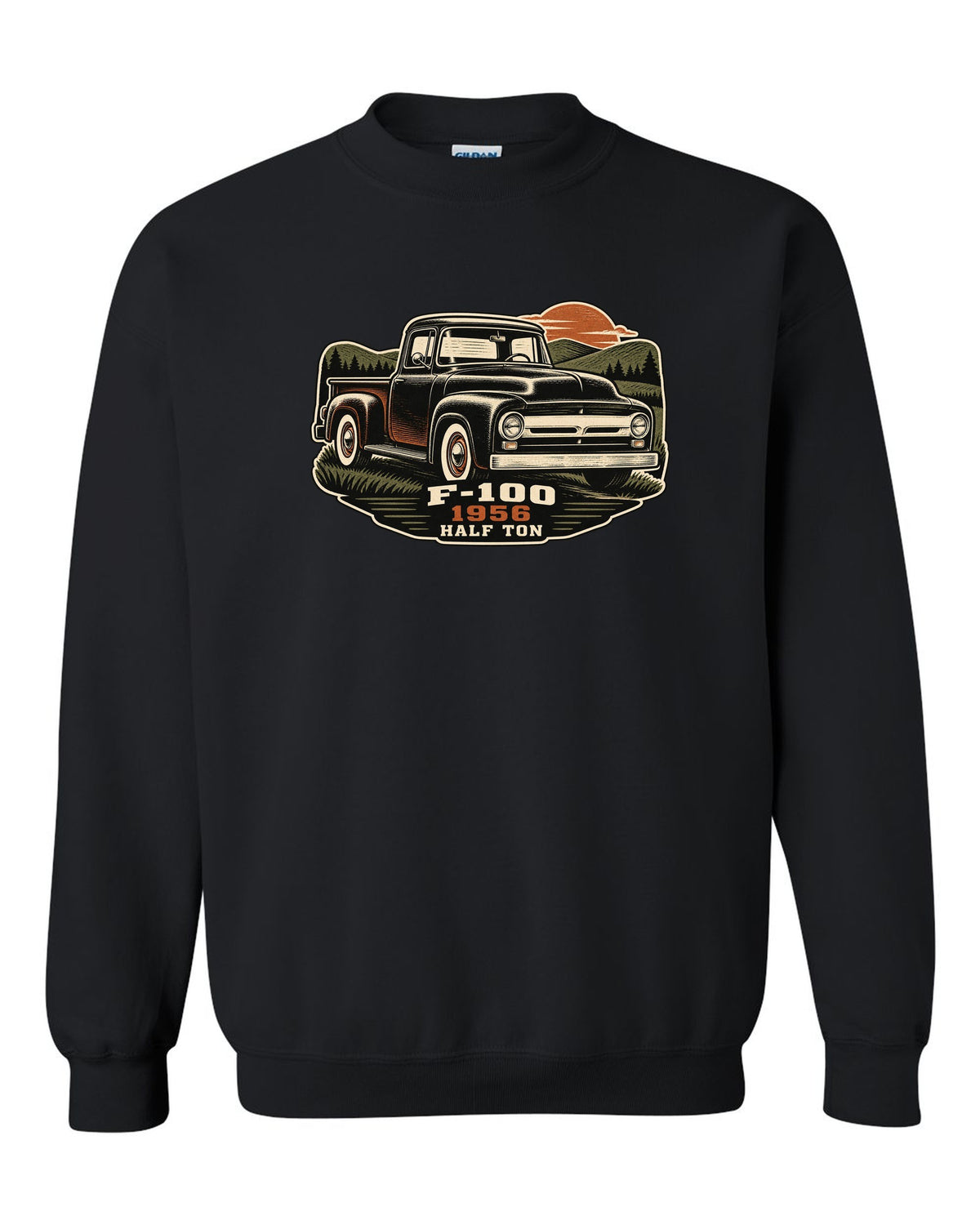 Dusk linocut print of a 1956 Ford F-100 pickup with Half Ton lettering black crewneck front view with the design