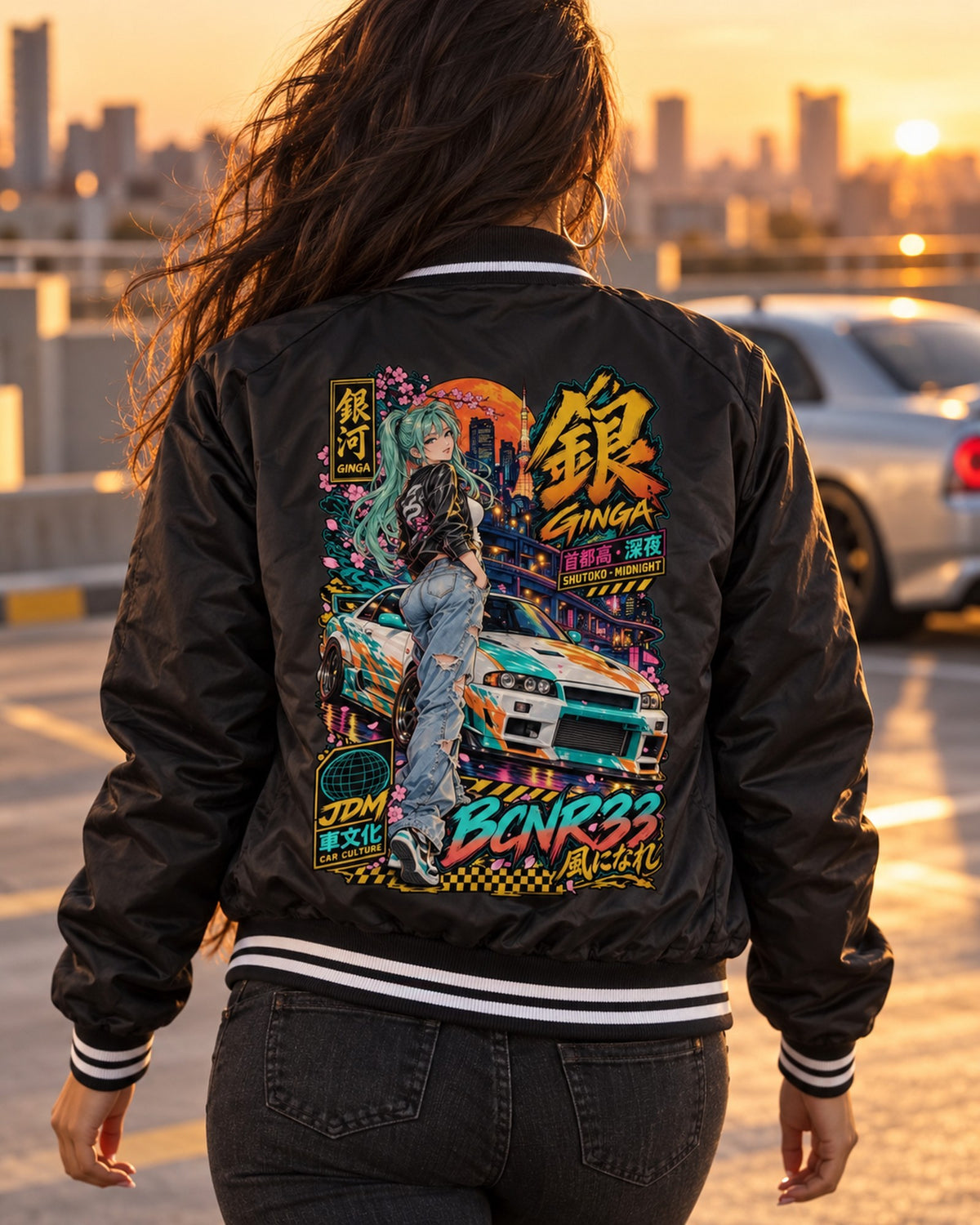 GINGA BCNR33 Anime Girl Full-Back Graphic Tee Bomber Jacket Black worn hero