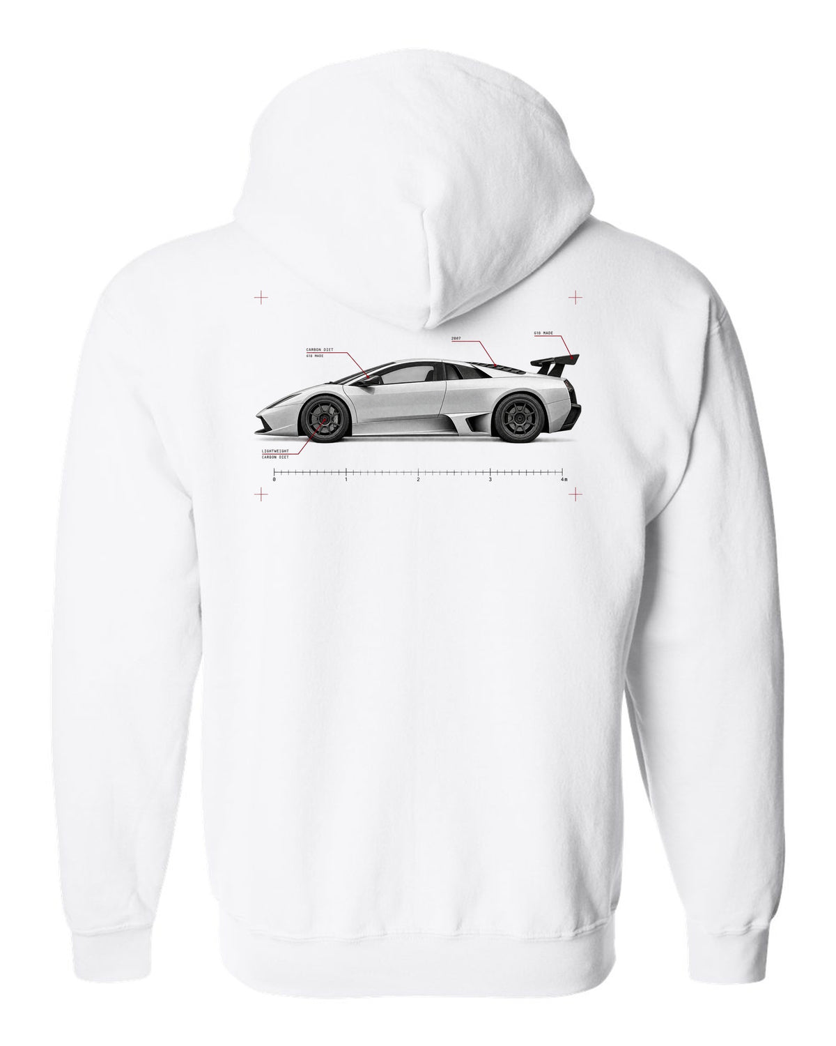 Spec poster print of a Lamborghini Gallardo Superleggera with 618 made and Carbon Diet text white zip hoodie back view with the design