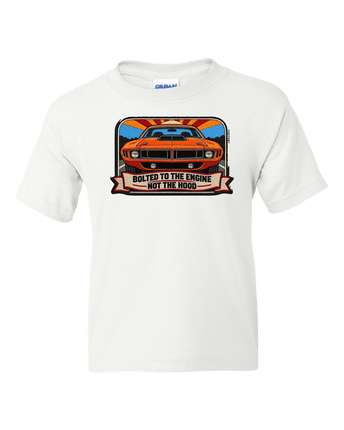 Embroidered mechanic patch style print of a 1970 Plymouth Hemi 'Cuda with shaker scoop text white kids tee front view with the design