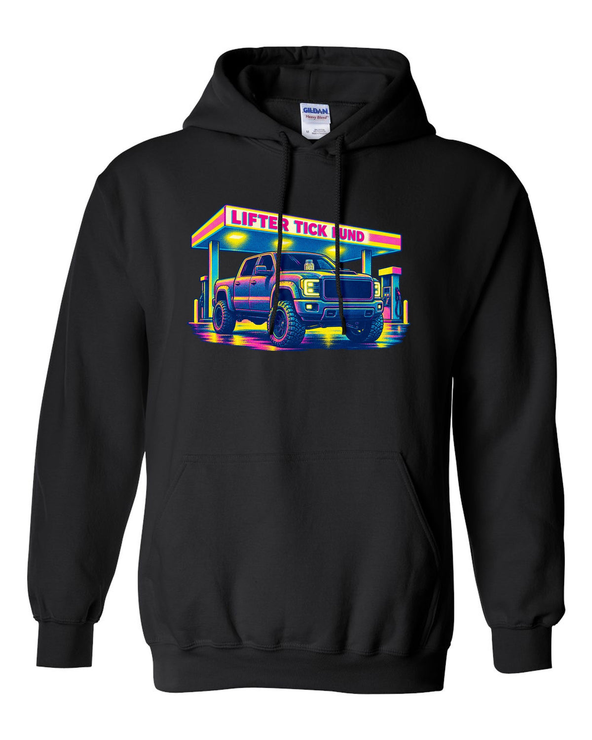 Risograph print of a 2007-2013 Chevrolet Silverado GMT900 with Lifter Tick Fund text black pull over hoodie front view with the design