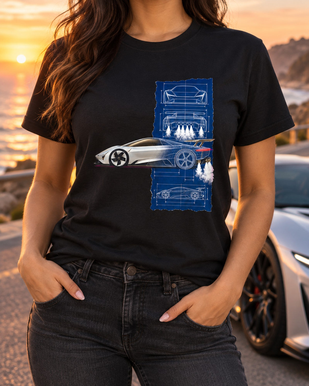 Tesla Roadster Blueprint Shirt, Hoodie & More T-Shirt Black worn hero