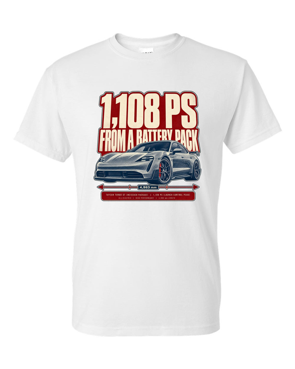 Halftone print of a low front three-quarter Porsche Taycan Turbo GT with 1,108 PS text white t-shirt front view with the design