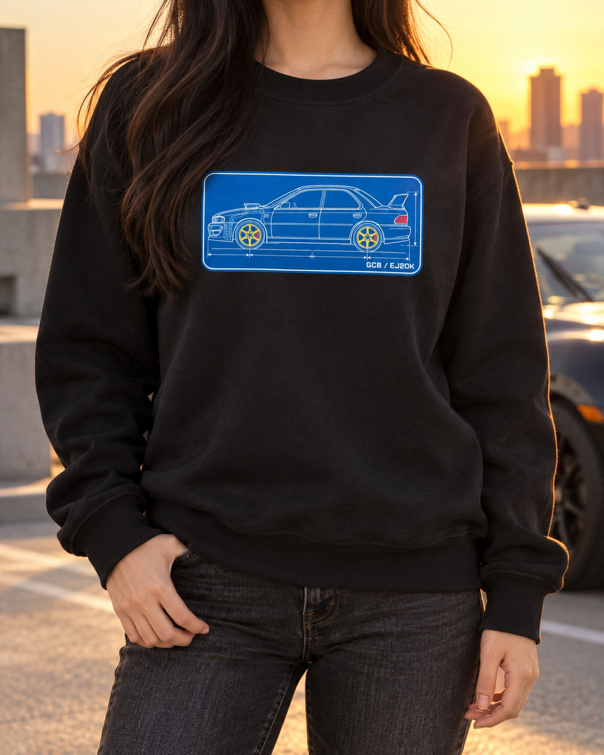 Subaru Impreza WRX GC8 1999 Cyanotype Blueprint Shirt, EJ20K Crewneck Black worn hero