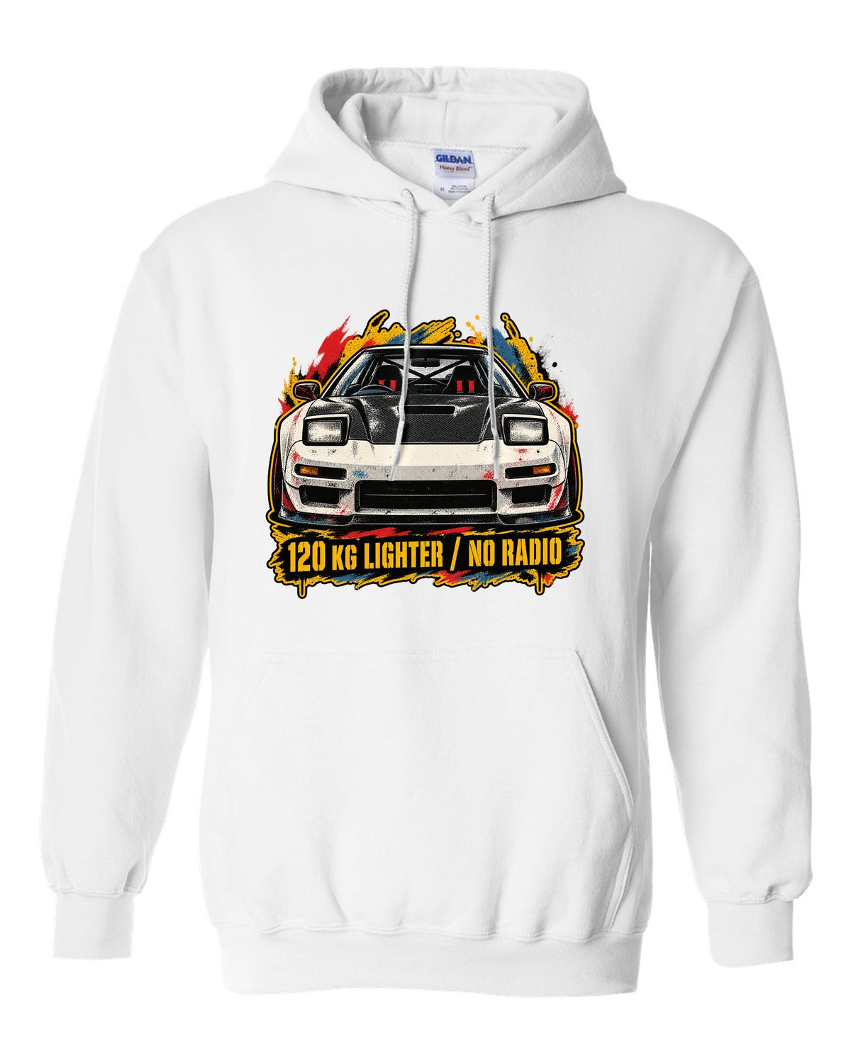 Grunge screen-print stencil print of a Honda NSX-R NA1 with 120 KG lighter no radio text white pull over hoodie front view with the design