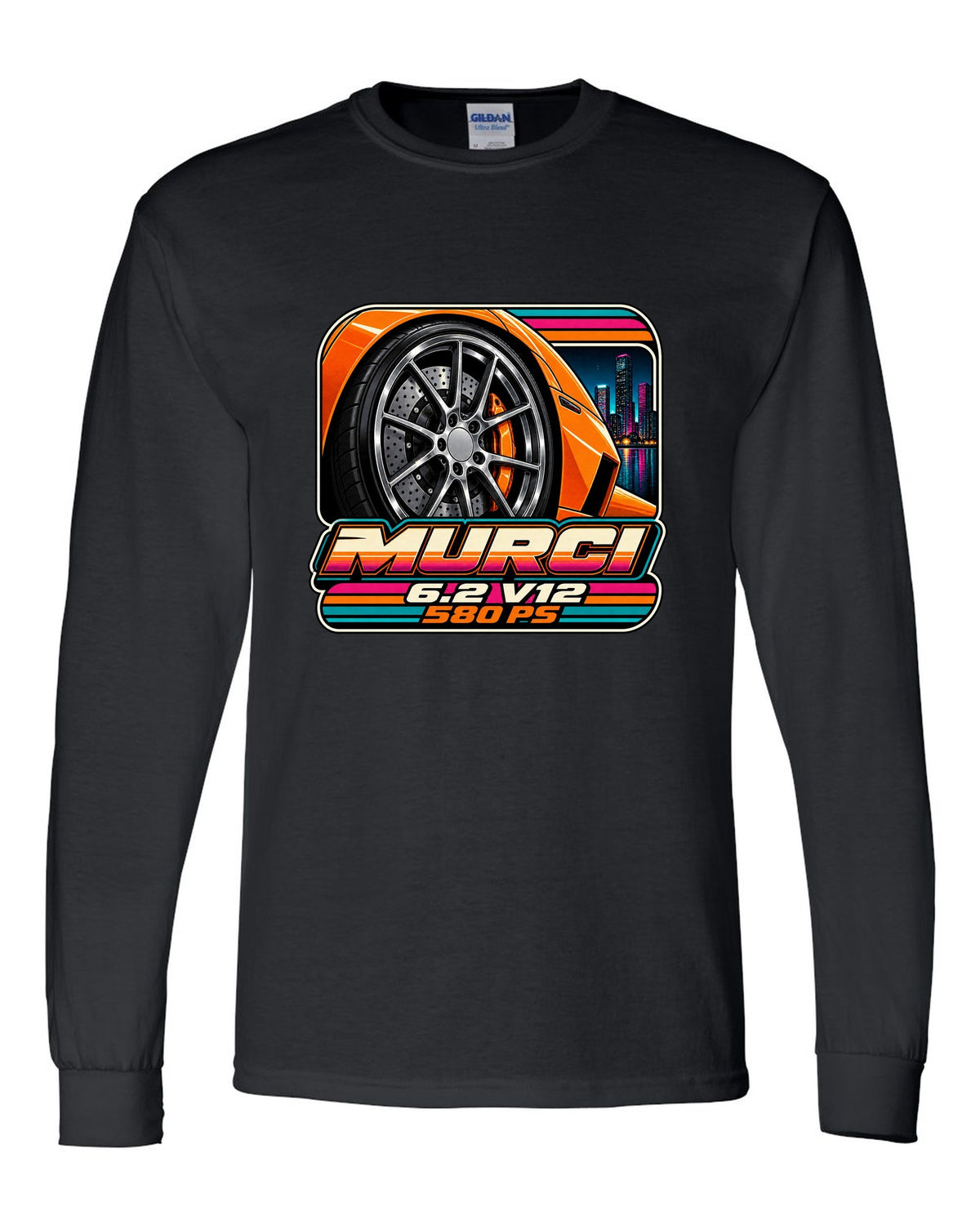 Cassette tape packaging style print of a 2001 Lamborghini Murcielago wheel with 6.2 V12 and 580 PS black long sleeve front view with the design