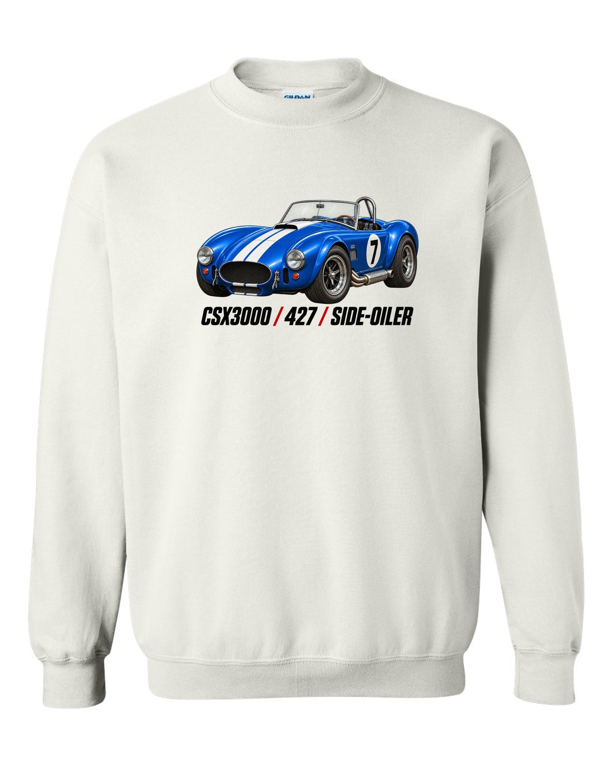 Shelby Cobra 427 CSX3000 Side-Oiler Racing Roundel white crewneck front view with the design