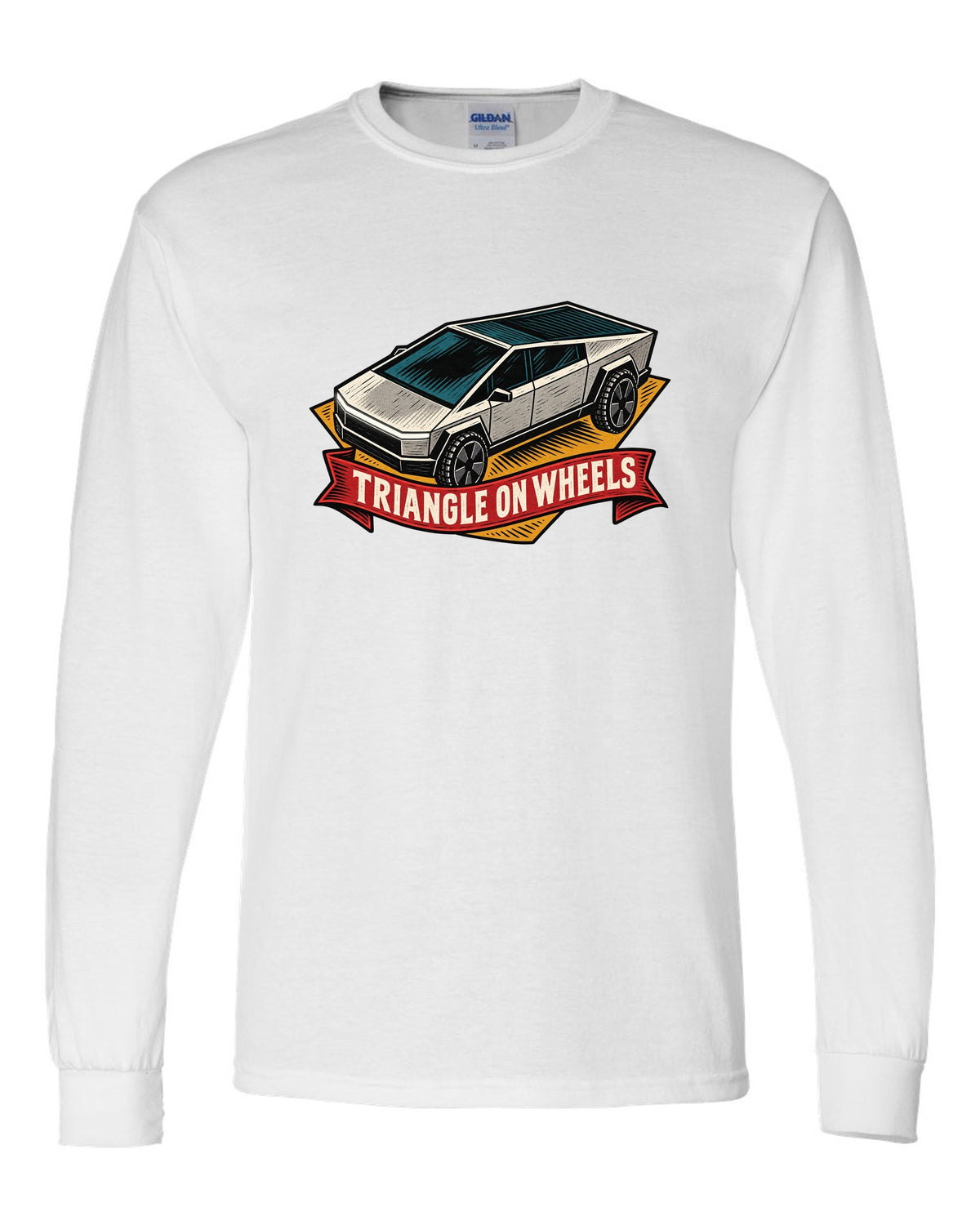 Bold linocut woodblock print of a 2023 Tesla Cybertruck with the words Triangle on Wheels white long sleeve front view with the design
