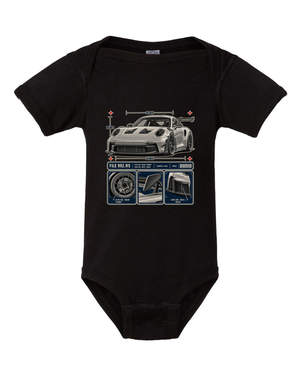 Porsche 992 GT3 RS dossier panels print design black baby onesie front view with the design