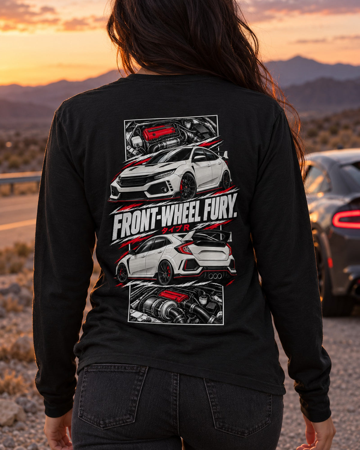 Honda Civic Fk8 Torn Poster Full-Back Graphic Tee Long Sleeve Black worn hero