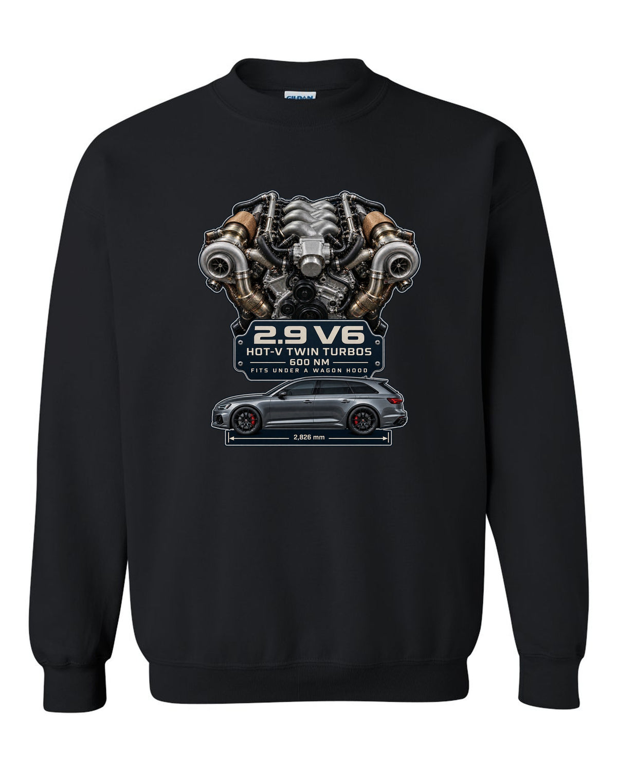 Audi RS4 B9 2.9 TFSI hot-V twin-turbo V6 engine graphic print black crewneck front view with the design