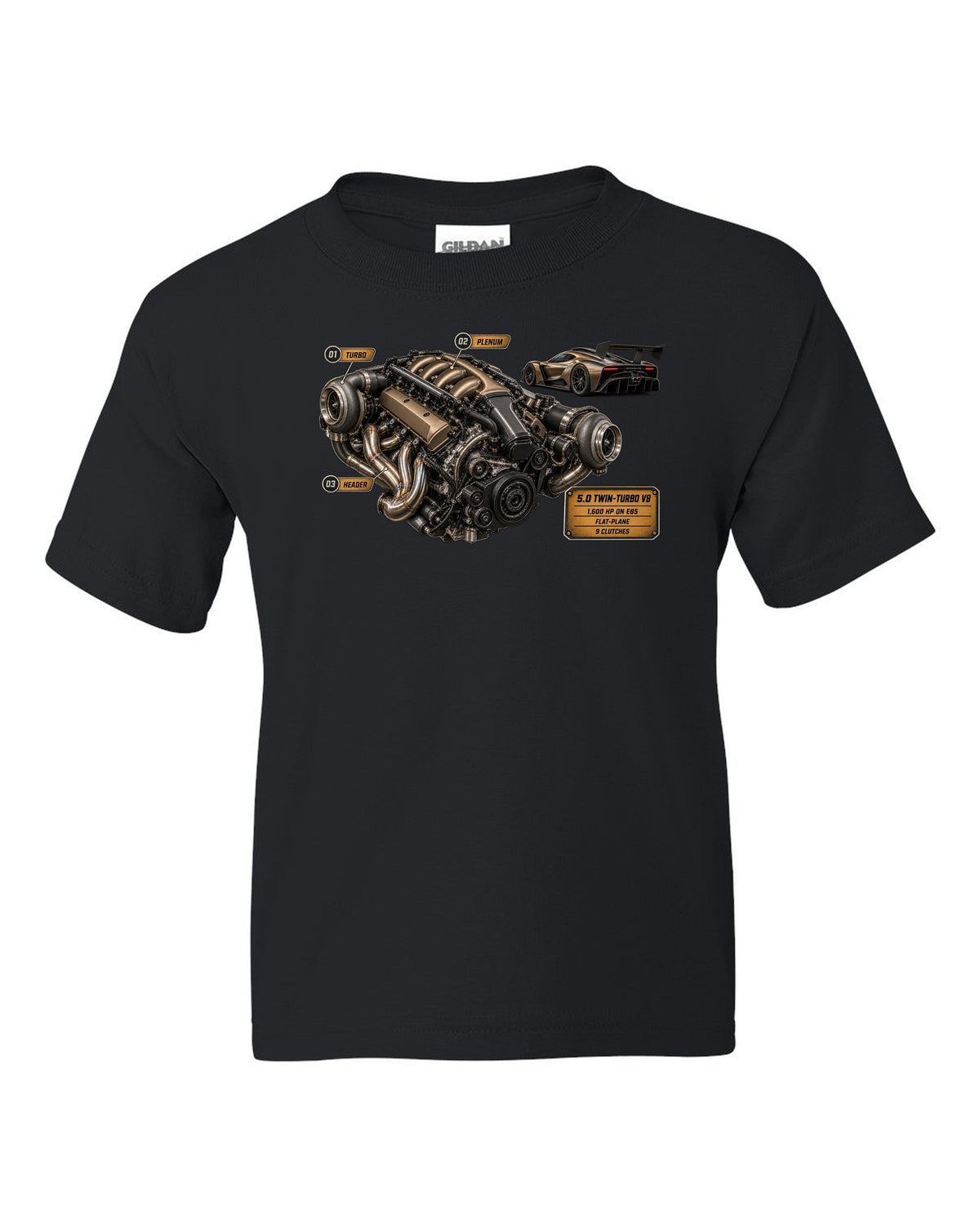 print engine hero of a Koenigsegg Jesko in bronze-grey carbon weave black kids tee front view with the design