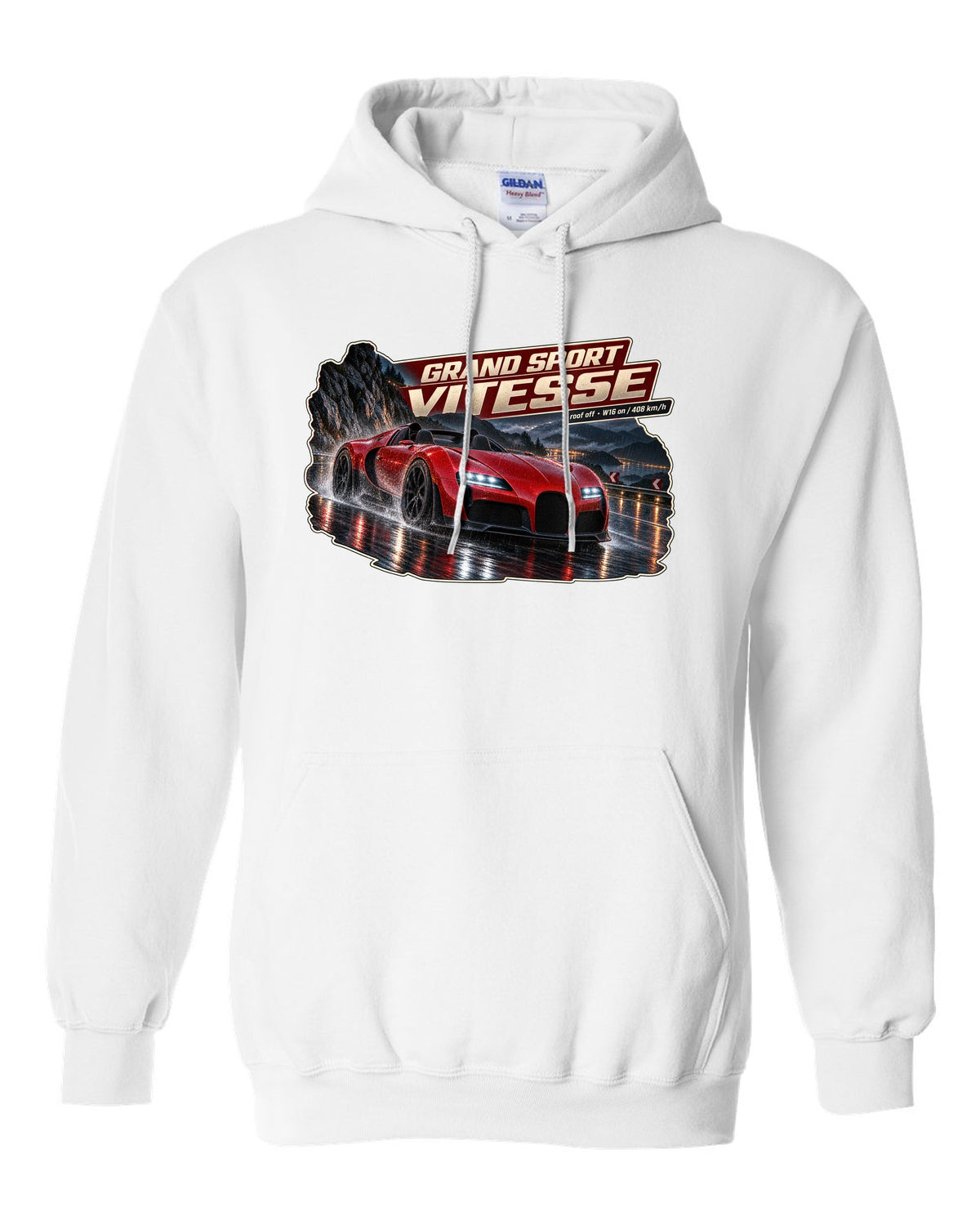 Night street poster of a Bugatti Veyron Grand Sport Vitesse with the roof off, print white pull over hoodie front view with the design