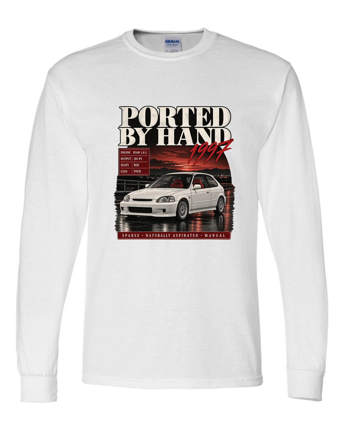 Archive panel print of a 1997 Honda Civic EK9 chback with hand-ported text white long sleeve front view with the design