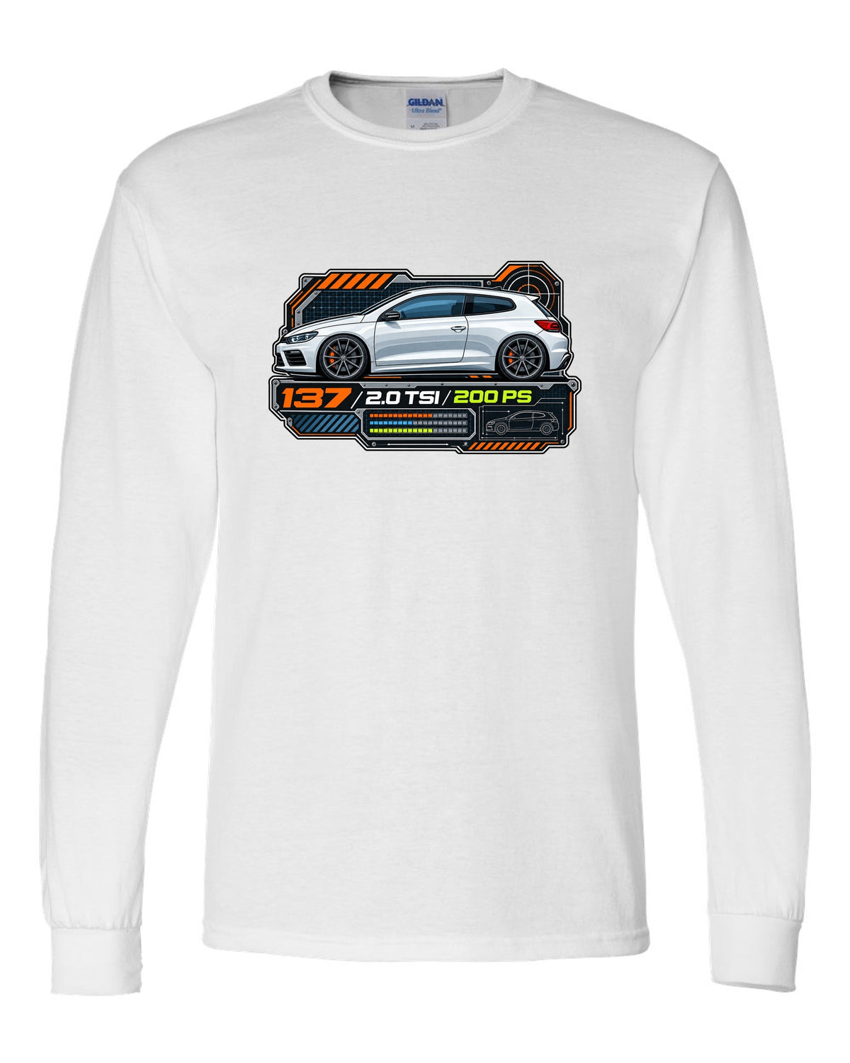 Spec-sheet data plate print of a VW Scirocco Mk3 with 137 2.0 TSI 200 PS text white long sleeve front view with the design
