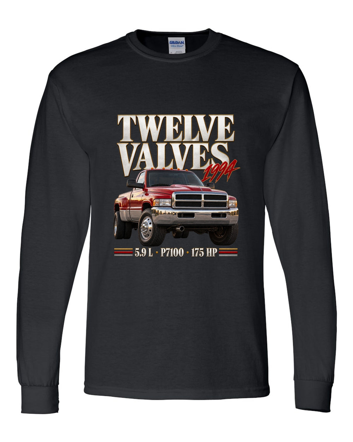 Editorial print of a 1994-98 Ram 2500 Cummins 5.9 12V with P7100 pump lettering black long sleeve front view with the design