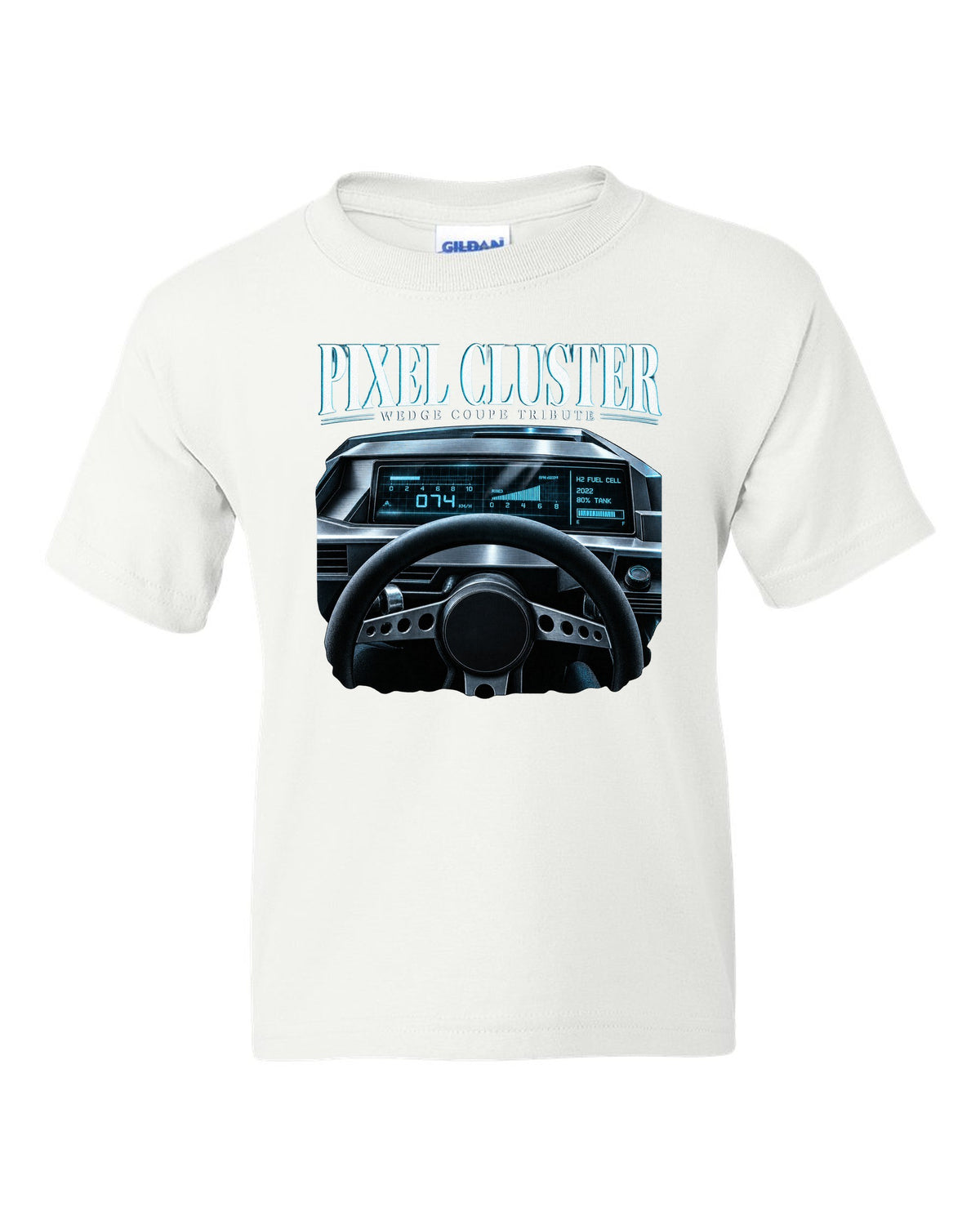 Hyundai N Vision 74 cockpit gauge print with pixel cluster and fuel cell readout white kids tee front view with the design