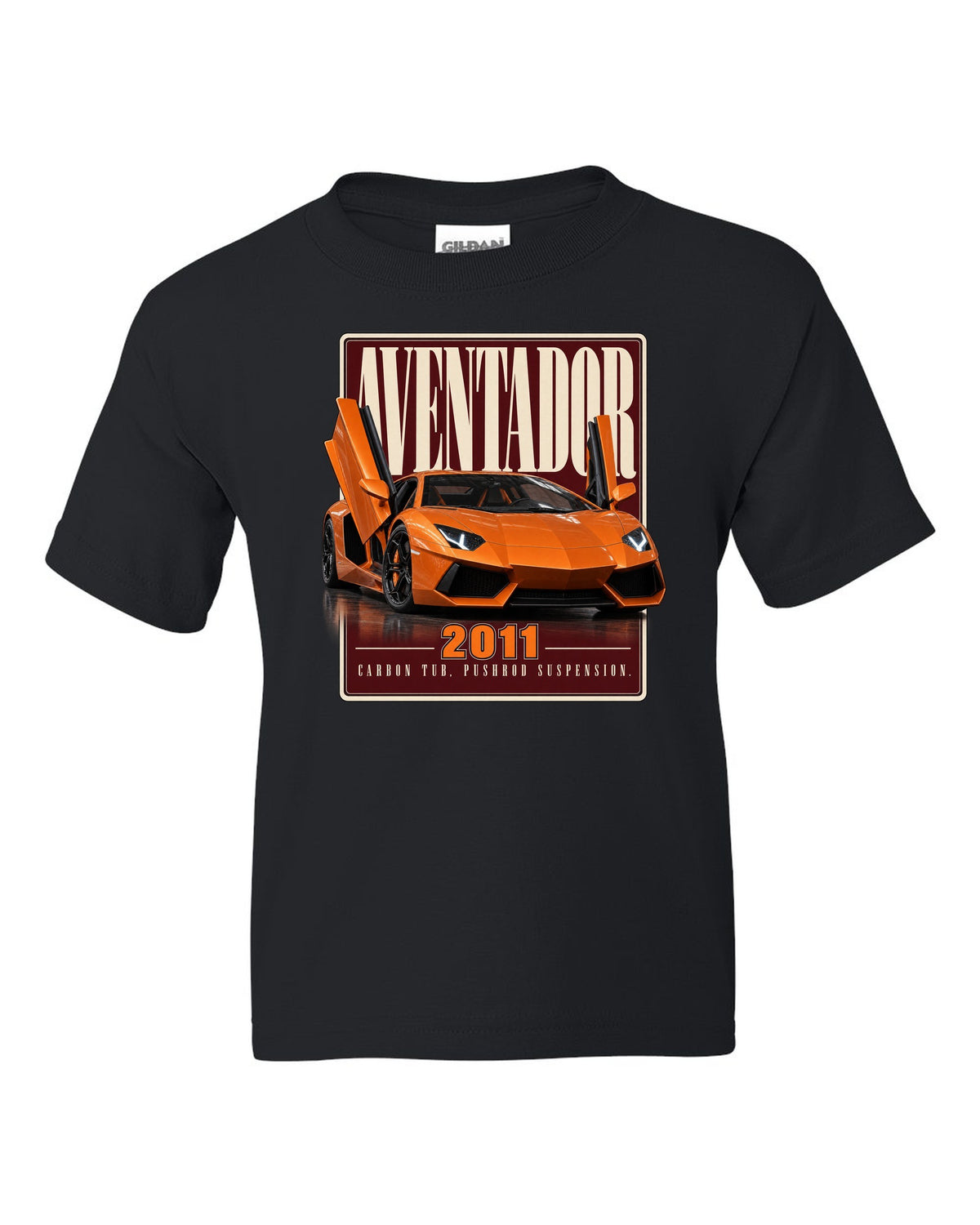 Editorial headline print of the Lamborghini Aventador LP700-4 black kids tee front view with the design
