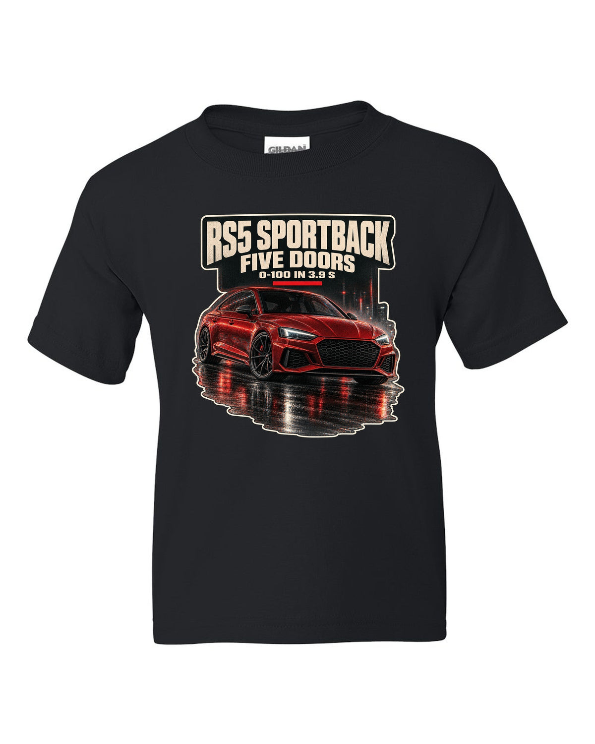 Night street scene of an Audi RS5 Sportback B9 facelift black kids tee front view with the design