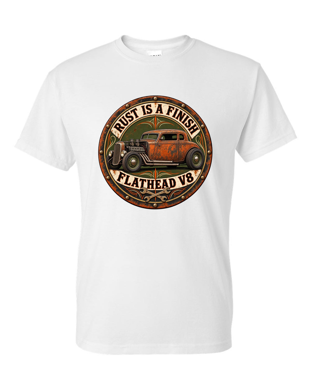 Round badge crest print for a rat rod hot rod with Rust Is A Finish and Flathead V8 lettering white t-shirt front view with the design