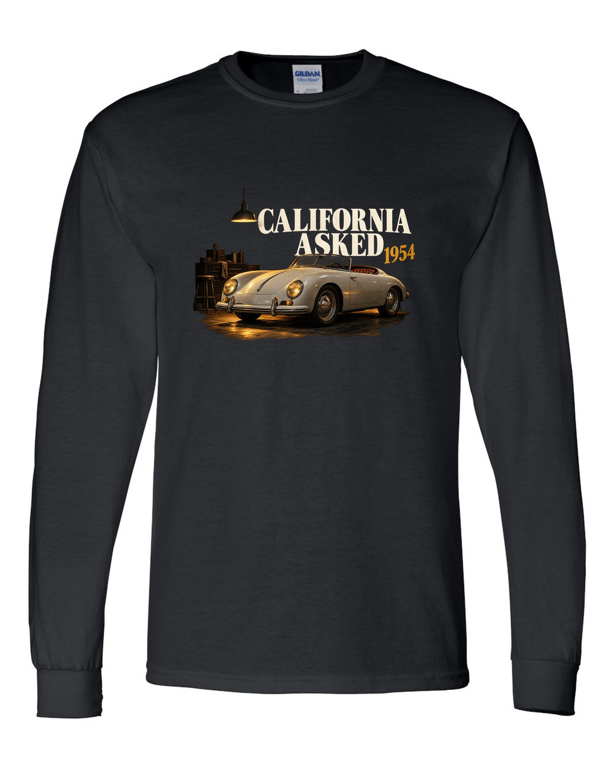 Garage night print of a 1954 Porsche 356 A Speedster with the caption California Asked black long sleeve front view with the design