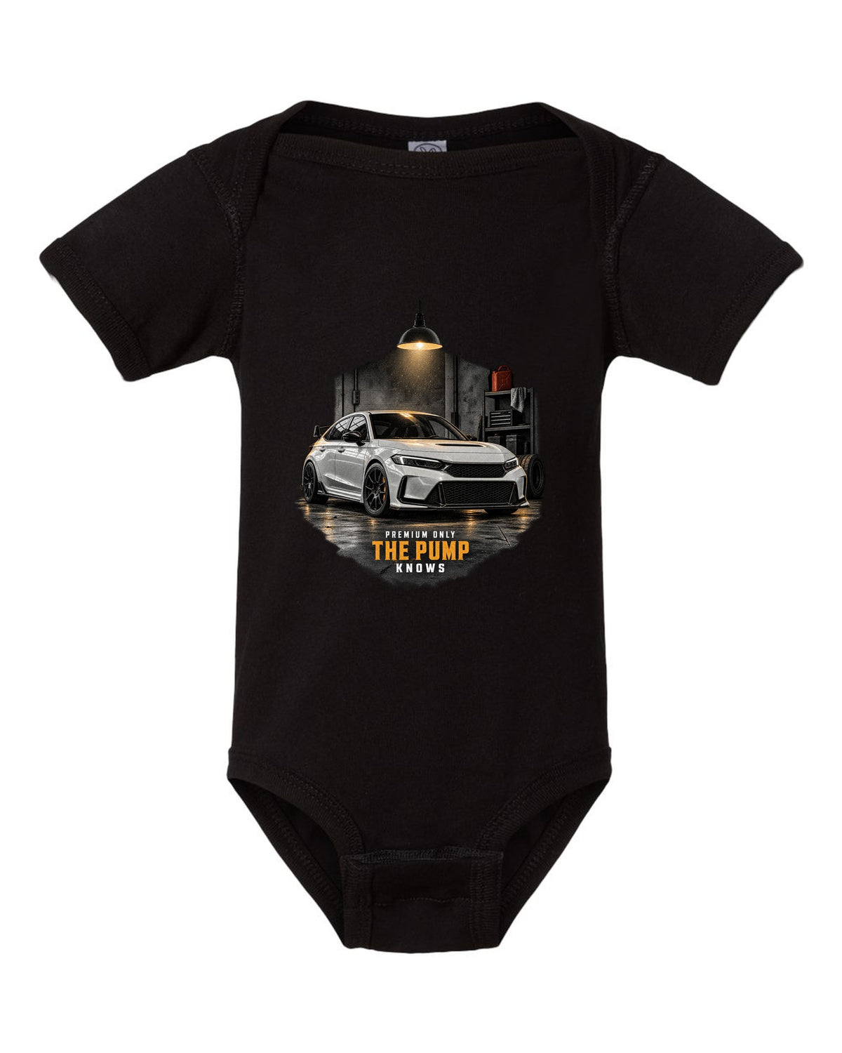 Honda Civic FL5 chback garage night design with premium only 98 octane text black baby onesie front view with the design