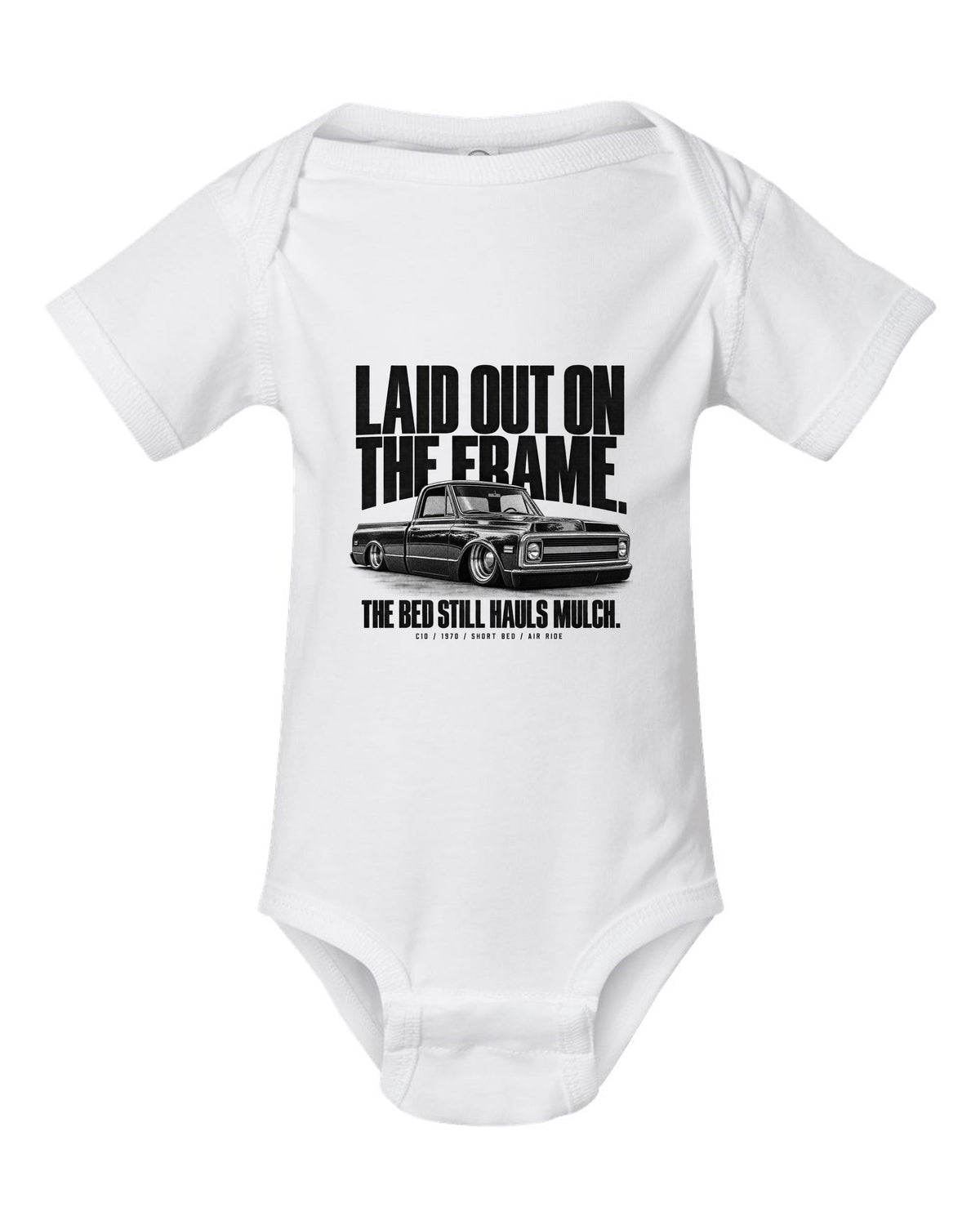 Halftone print of a 1970 Chevrolet C10 short bed on air ride with laid out on the frame text white baby onesie front view with the design