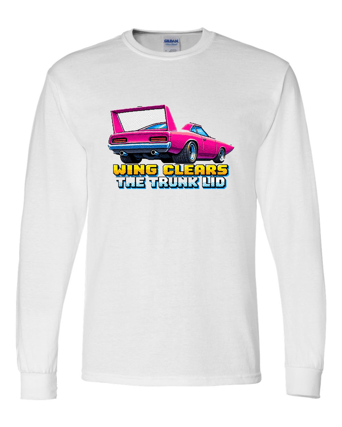 1970 Plymouth Superbird 16-bit pixel art print with Wing Clears The Trunk Lid text white long sleeve front view with the design