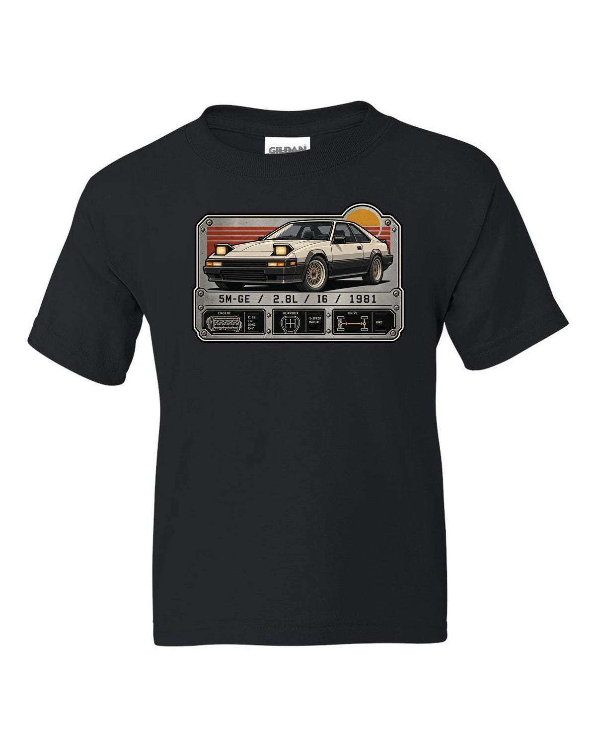 Spec-sheet data plate for the Toyota Supra A60 MA61 5M-GE 2.8L inline six black kids tee front view with the design