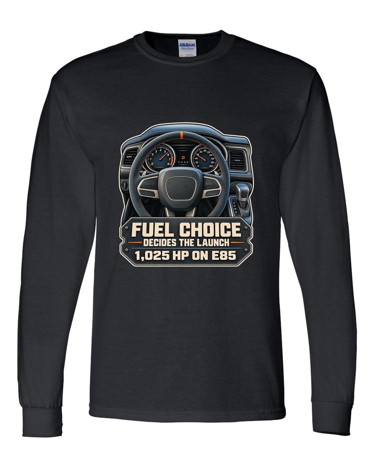 Dodge Challenger SRT Demon 170 cockpit gauge print with E85 1,025 HP text black long sleeve front view with the design