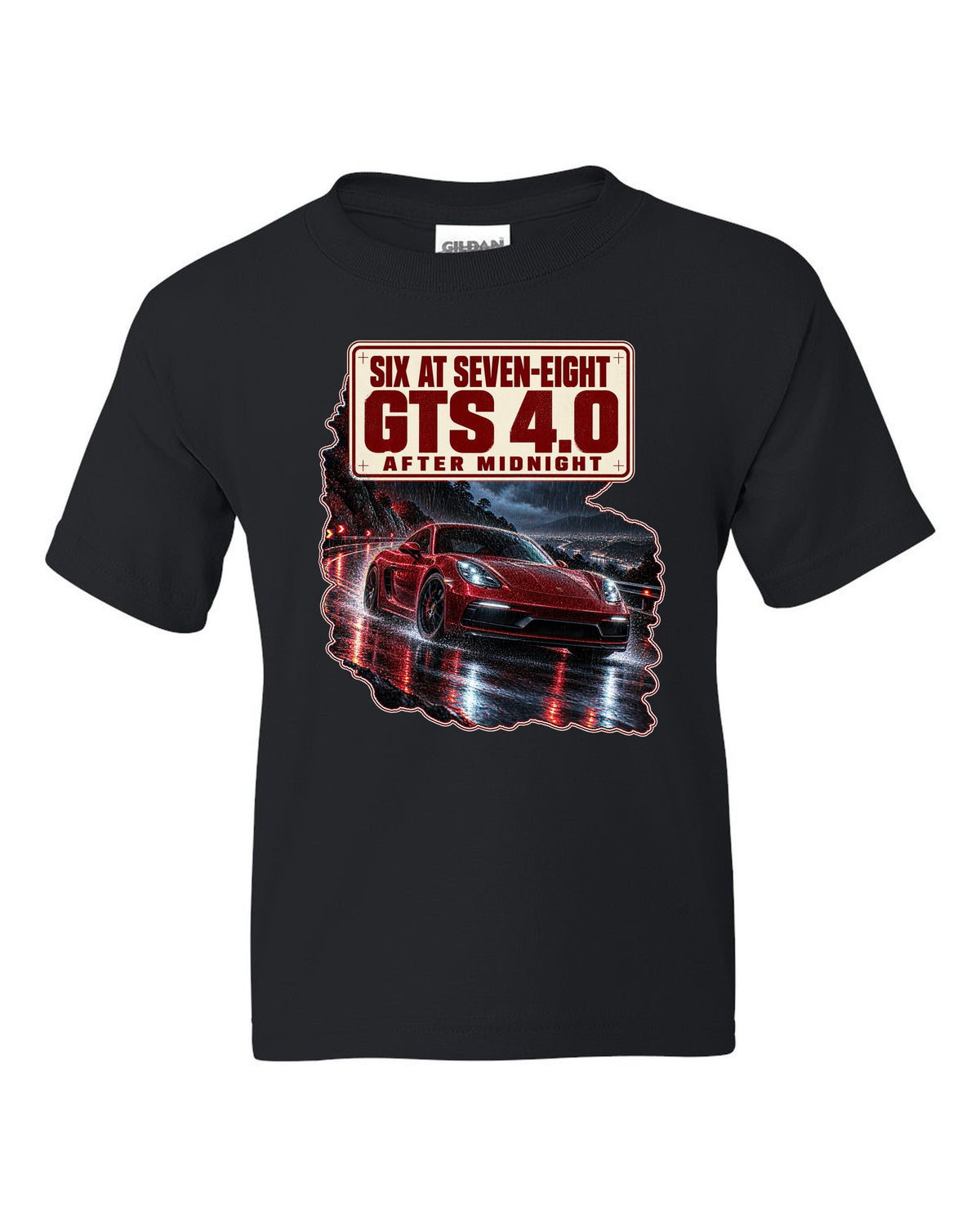 Night street print of a Porsche 718 Cayman GTS 4.0 982 with six at seven-eight text black kids tee front view with the design