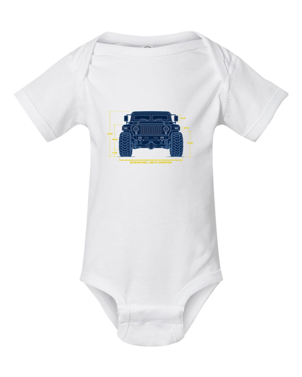 Blueprint patent line art print of the Hummer H1 M998 lineage with 86 inches wide text white baby onesie front view with the design