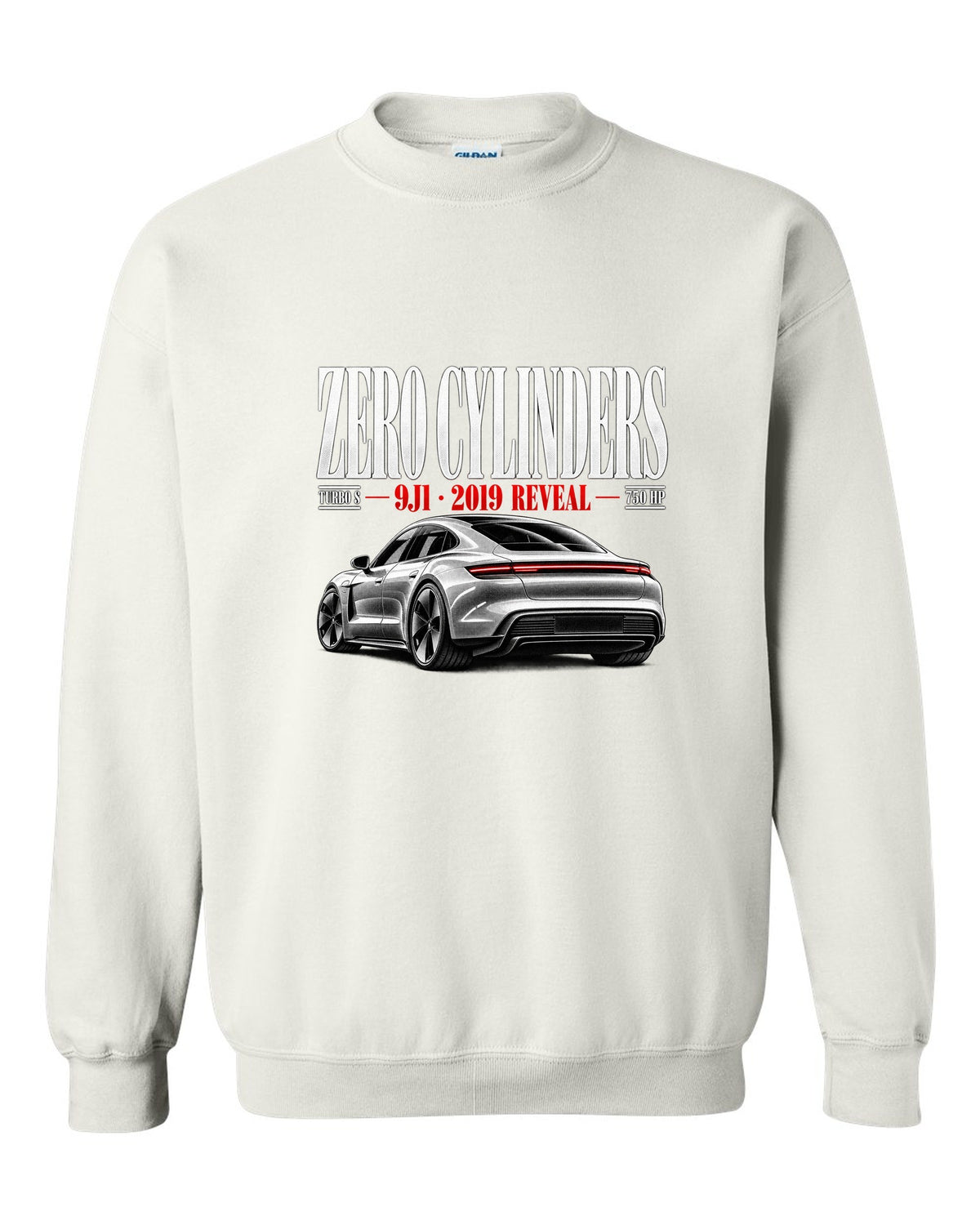 Porsche Taycan Turbo S 9J1 editorial headline with zero cylinders, 2019 reveal, 750 HP white crewneck front view with the design