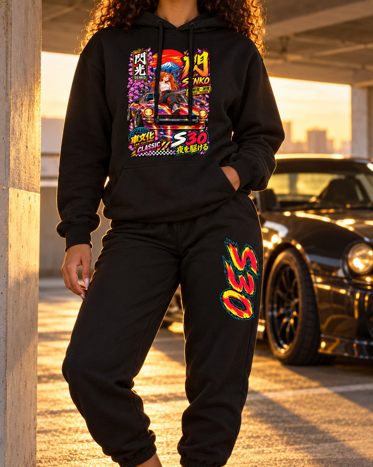 S30 Senko Anime Girl Poster Hoodie + Jogger Set Black worn hero
