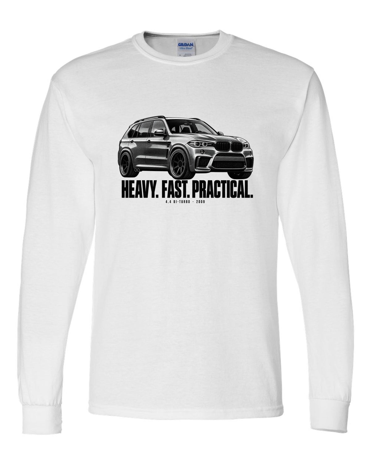 BMW X5 M E70 halftone print with heavy fast practical text and 4.4 bi-turbo white long sleeve front view with the design