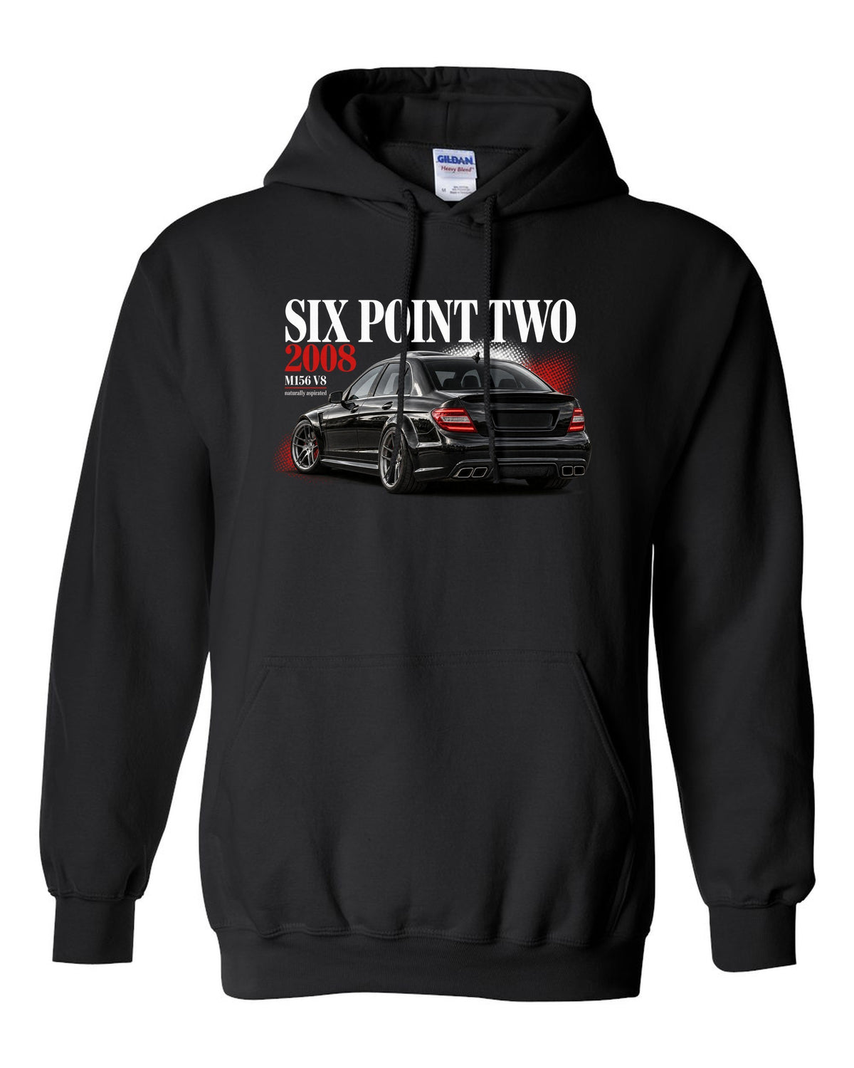 print editorial headline of a 2008 Mercedes C63 AMG W204 sedan with text Six Point Two 2008 black pull over hoodie front view with the design