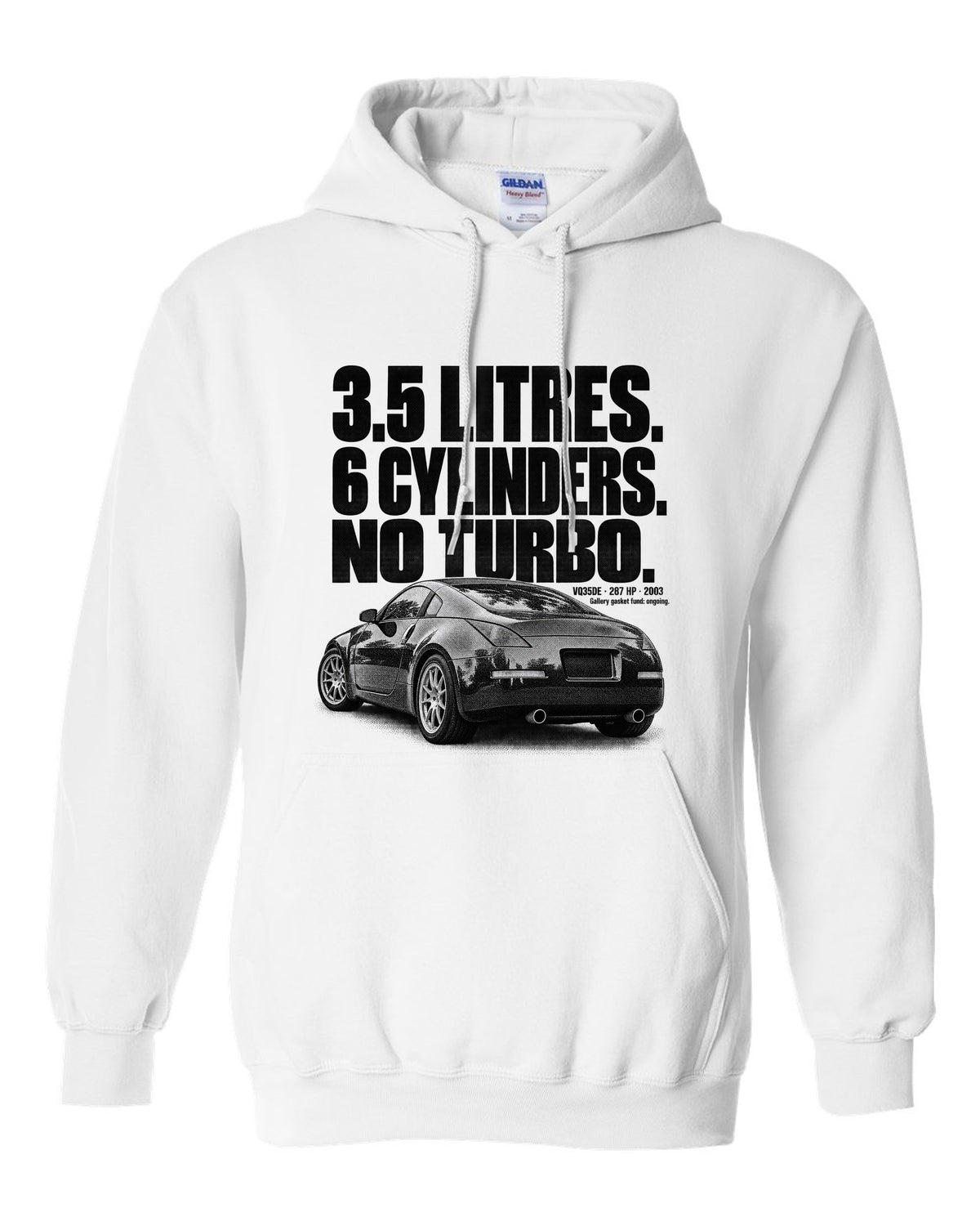 Halftone print of a Nissan 350Z Z33 rear three-quarter with VQ35DE 287 HP text white pull over hoodie front view with the design